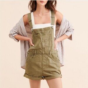 Free People We the Free Denim Ziggy Shortalls Overalls in Greyed Olive Green